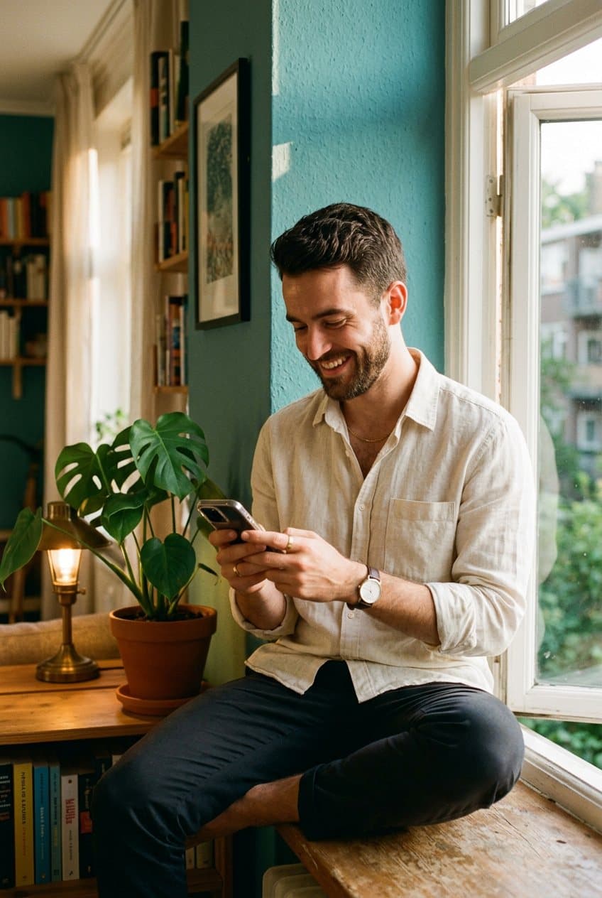 A man in a linen shirt smiling at a message by a sunny apartment window