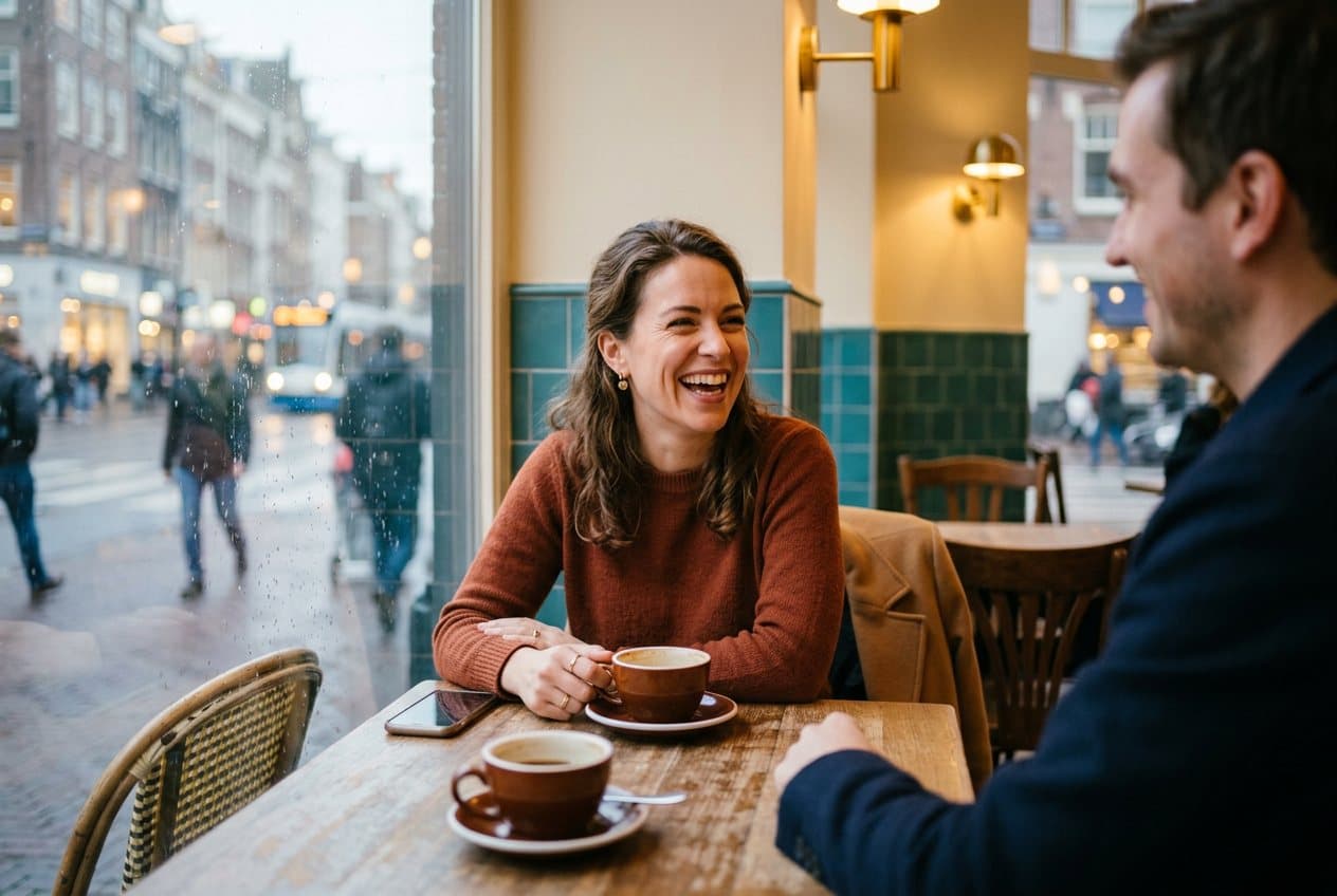 A woman laughing across a café window table on a first date, two coffees and a face-down phone between them