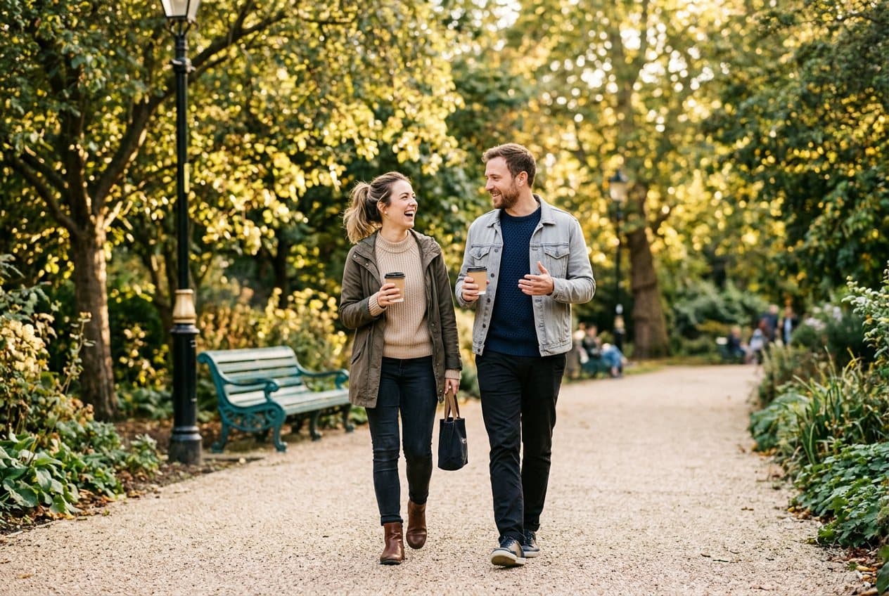 A couple walking through an autumn park with takeaway coffees, talking and laughing