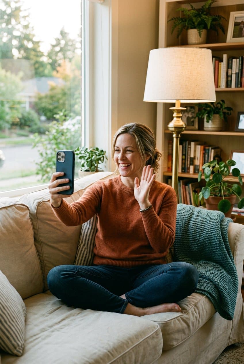 A woman on her sofa waving at her phone during a video call