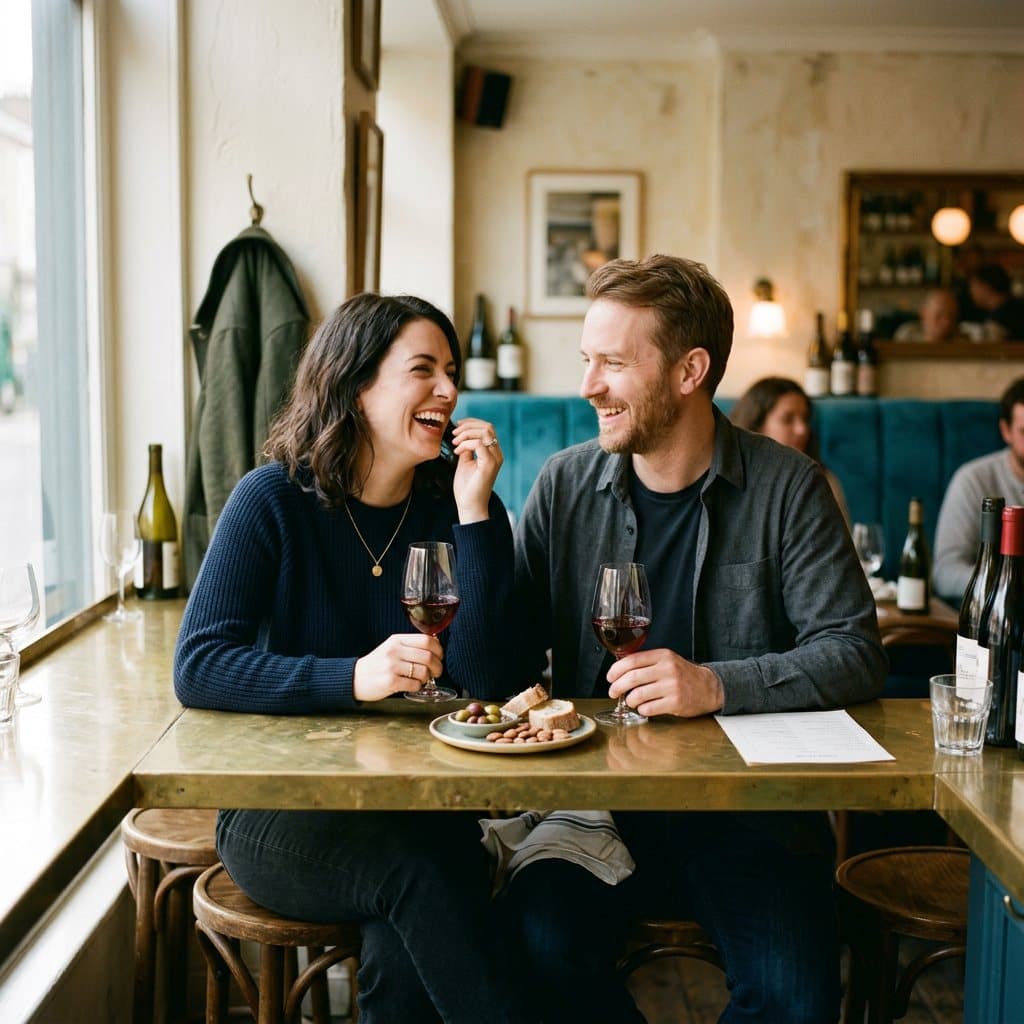 A couple laughing over two glasses of red wine at a brass-topped wine bar counter