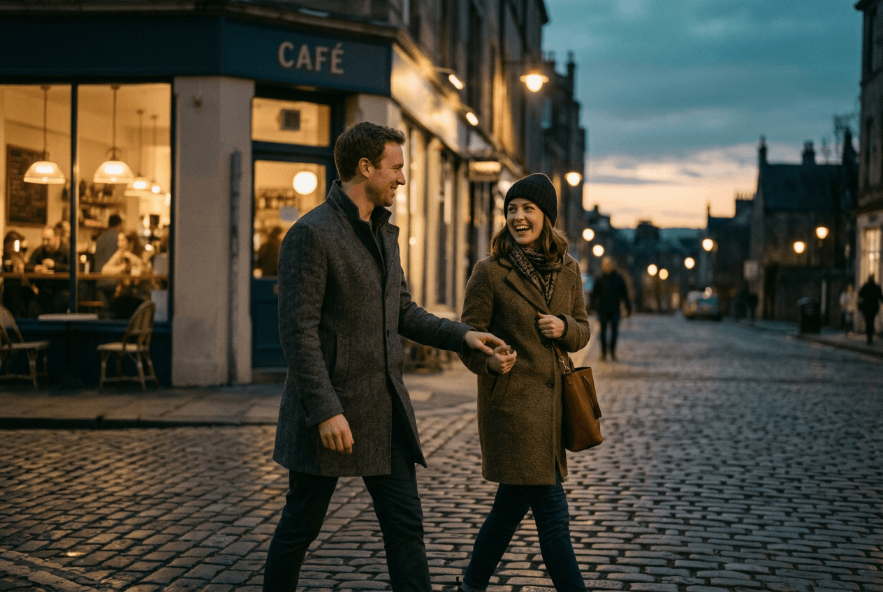 A couple crossing a cobbled city street at dusk, laughing, lit café windows behind them