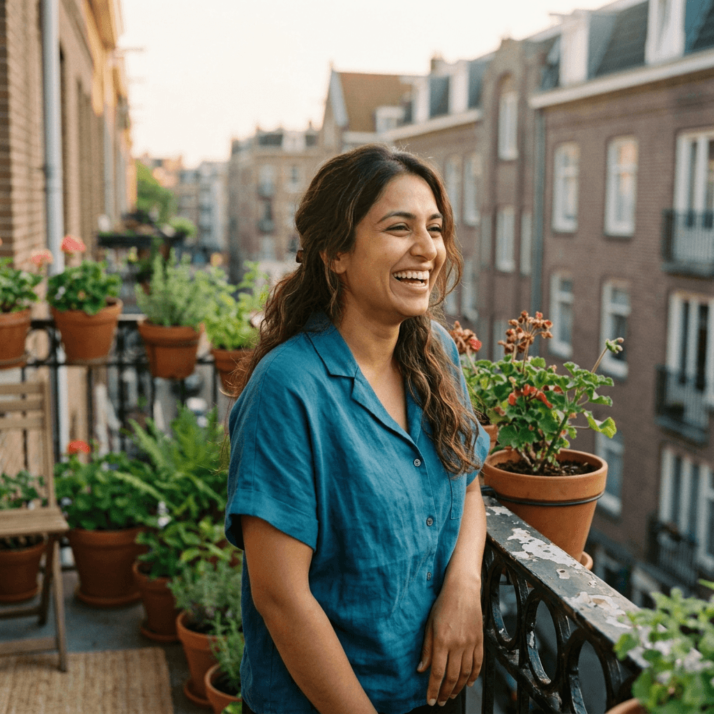 A woman laughing on a sunny balcony among terracotta plant pots
