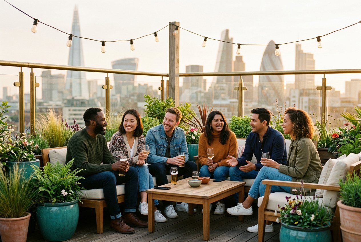 Six friends laughing on a city rooftop terrace under string lights at golden hour