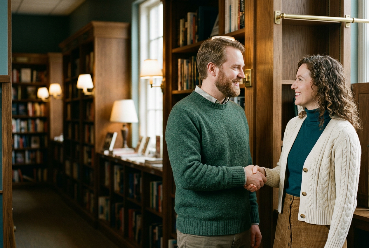 A man and a woman meeting between bookshop shelves, smiling mid-handshake